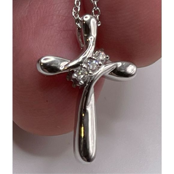 Beautiful Silver Tone Delicate Cross Pendant Necklace with 3 CZ Accents - Picture 2 of 10